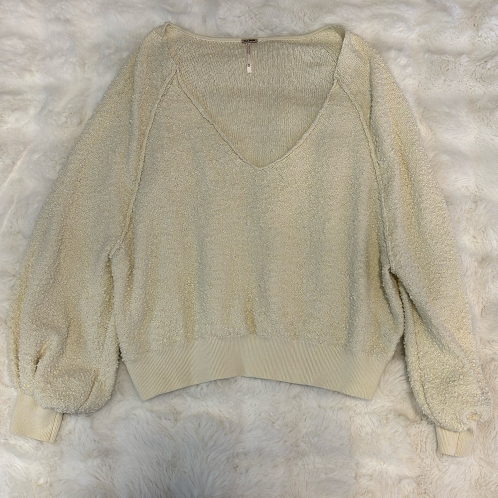 Free People Cream Textured V-Neck Cozy Sweater